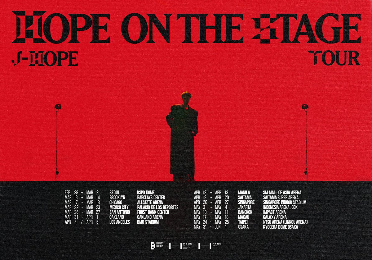 #jhope <a href="/BTS_twt/">방탄소년단</a> เตรียมเปิดฉาก ‘HOPE ON THE STAGE’ เริ่ม 28 ก.พ. นี้ และเตรียมพบกับอาร์มี่ไทย 10-11 พ.ค. ณ Impact Arena ประเทศไทย

ตารางทัวร์ #HOPE_ON_THE_STAGE_TOUR
🗓️ ศ. 28 ก.พ. - อา. 2 มี.ค.
📍 KSPO Dome | เกาหลีใต้

🗓️ พฤ. 13 - ศ. 14 มี.ค. 
📍 Barclays Center | บรุกลิน (NY)