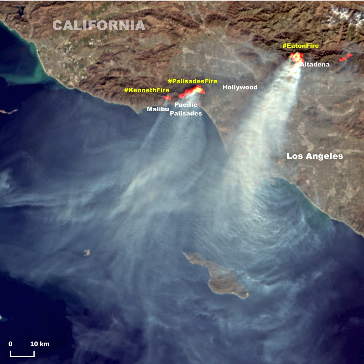 🔴⚠️🔥🇺🇸Unprecedented catastroph for #LosAngelesFires  :#palisadesFire burning  8000Ha with 5316 structures destroyed, #EatonFire at 5500ha and new #KennethFire  at 323ha. In the #Sentinel3 📸 of Jan.9 the smoke engulfs the coast flying over the ocean. #ClimateEmergency