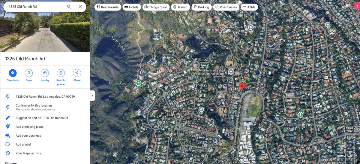 atoonist's tweet photo. Per IC, there is a 2nd grass fire spotted in Brentwood, this one is near an equestrian shed @ 1325 Old Ranch Road, across the street from Paul Revere Middle School and an improved creek. #PalisadesFire #brentwood https://t.co/MCKn6KaTnv