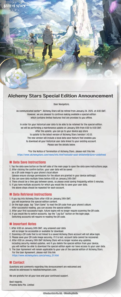 AlchemyStarsEN's tweet image. Dear Navigators,
We'll be conducting maintenance on Jan 10, 04:00 to 09:00 (UTC+0).
After which, you can download the latest version from your device app store (version 1.43.0). It will have a local data save feature to save your user data.
Please see below.
#AlchemyStars