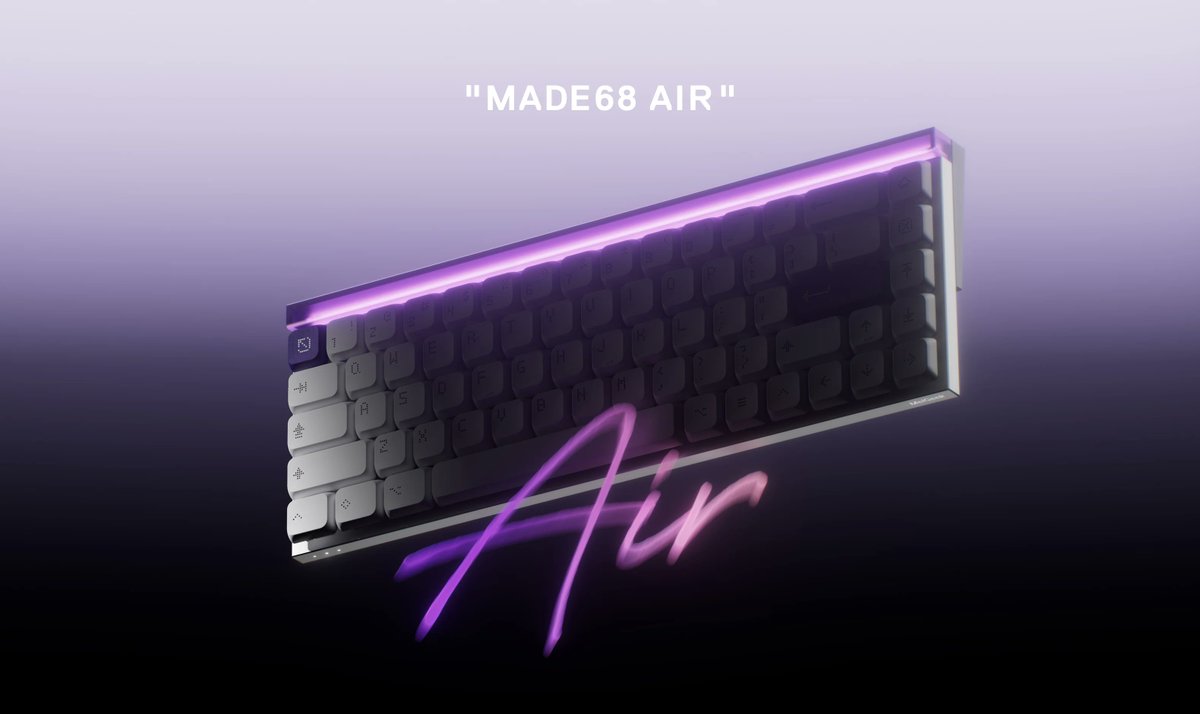 kitcut's tweet photo. ロープロファイル磁気スイッチ採用
薄型ゲーミングキーボード。

MelGeek MADE68 AIR

レイテンシー0.125ms、ポーリングレート: 8000hzと遅延が少ないのが特徴。持ち運びに便利な重量は630g。
ゲーミングは勿論、タイピング用途にもオススメ！
ご購入はこちら！
https://t.co/SsKfqx070b
#キーボード https://t.co/hSSGaK2jiK