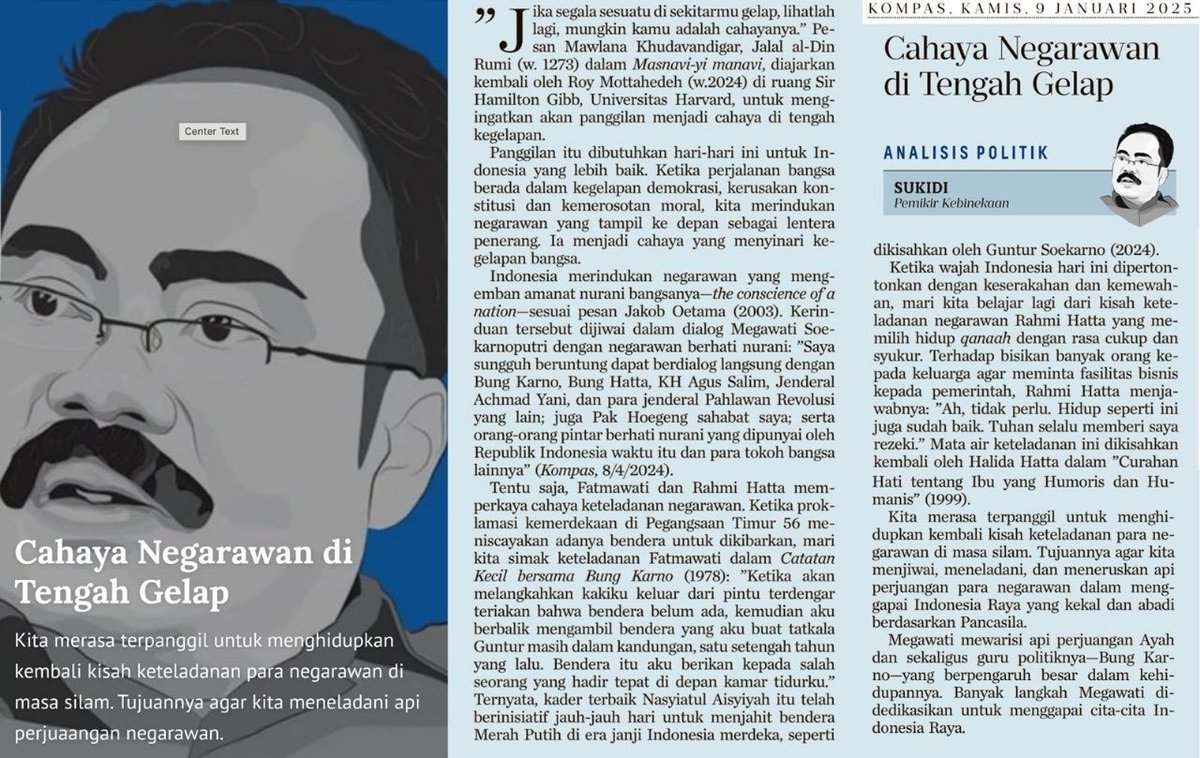 mohmahfudmd's tweet photo. Melalui tulisannya di KOMPAS, 9-1-25, Mas Sukidi menggugah kita untuk tdk putus asa, mencari cahaya di tengah kegelapan. Untuk Indonesia yg lbh kita tak cukup mencari secercah cahaya tetapi hrs berusaha menjadi cahaya, betapapun kecilnya, di tengah kegelapan yg mungkin melanda. https://t.co/QypRzWTmxs