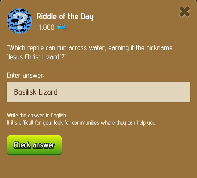 MattieMoni85152's tweet photo. #Zoo Question of the day 10 January 📆
✅Riddle of the day Answer: Basilisk Lizard
✅Rebus of the day Answer: Jackal
#zooriddle #zooanswer #riddleoftheday #zooriddleanswer https://t.co/QWN46t0x4k