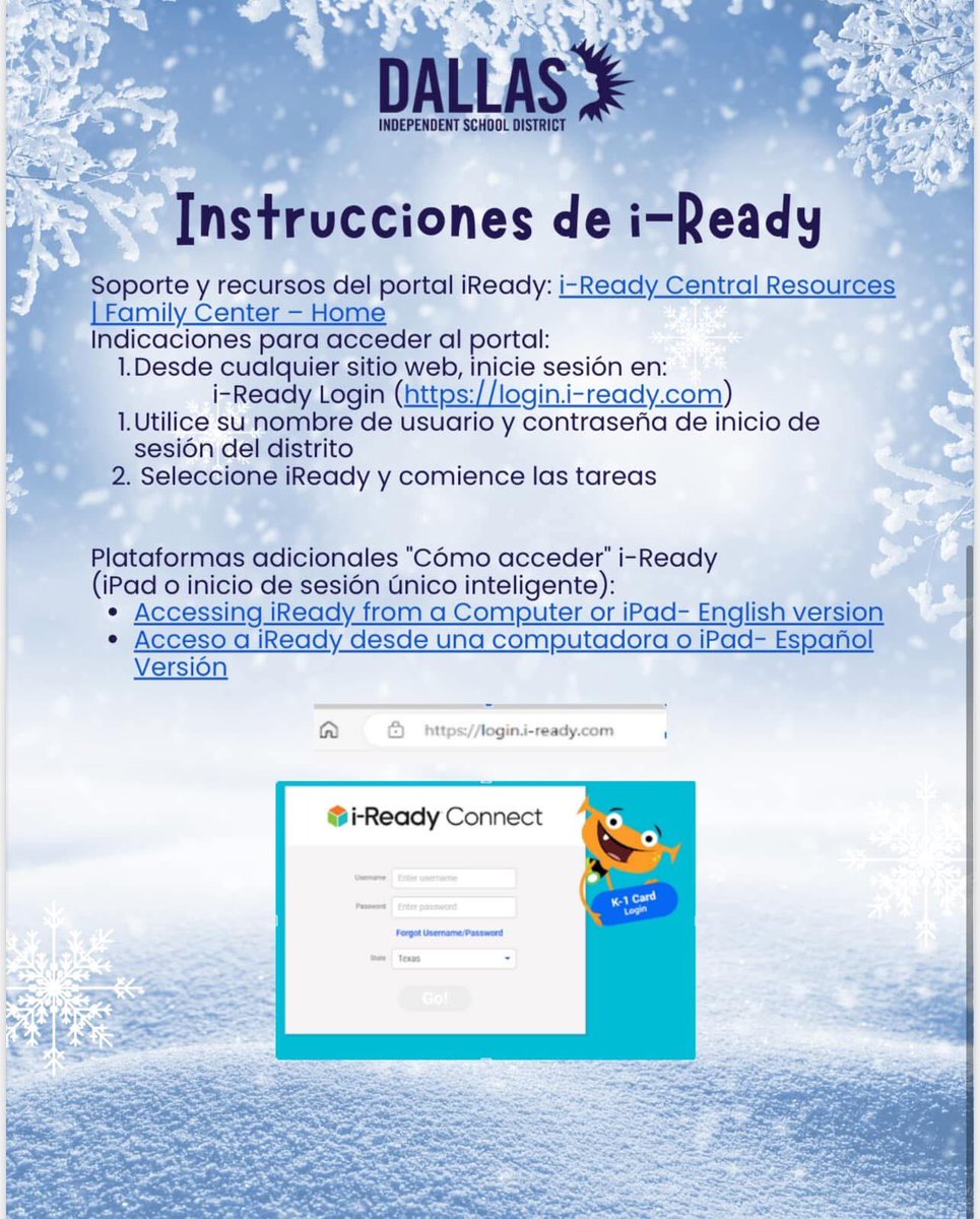 Stay cozy and keep learning! ❄️ School’s closed, but the Snow Day Challenge on i-Ready is ON! Let’s hit 100% participation and boost reading proficiency together!

¡Mantente abrigado y sigue aprendiendo! ❄️ Aunque la escuela esté cerrada, ¡el Desafío del Día de Nieve en i-Ready