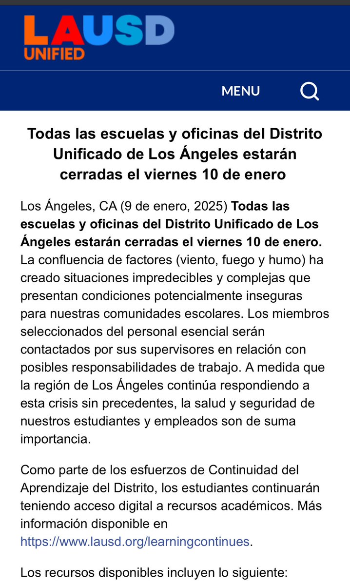 All Los Angeles Unified School District schools and offices will be closed on Thursday January 10, 2025
