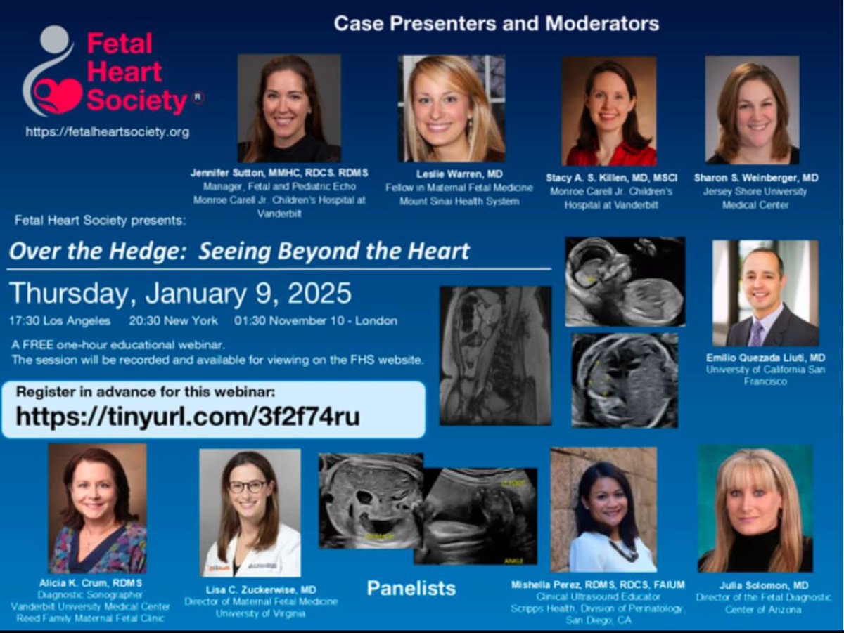 Please join  Fetal Heart Society for our next free, educational webinar, "Over the Hedge: Seeing Beyond the Heart " on Thursday, January 9, 2025, at 8:30pm ET.

Register for link: lnkd.in/gQx-vARv