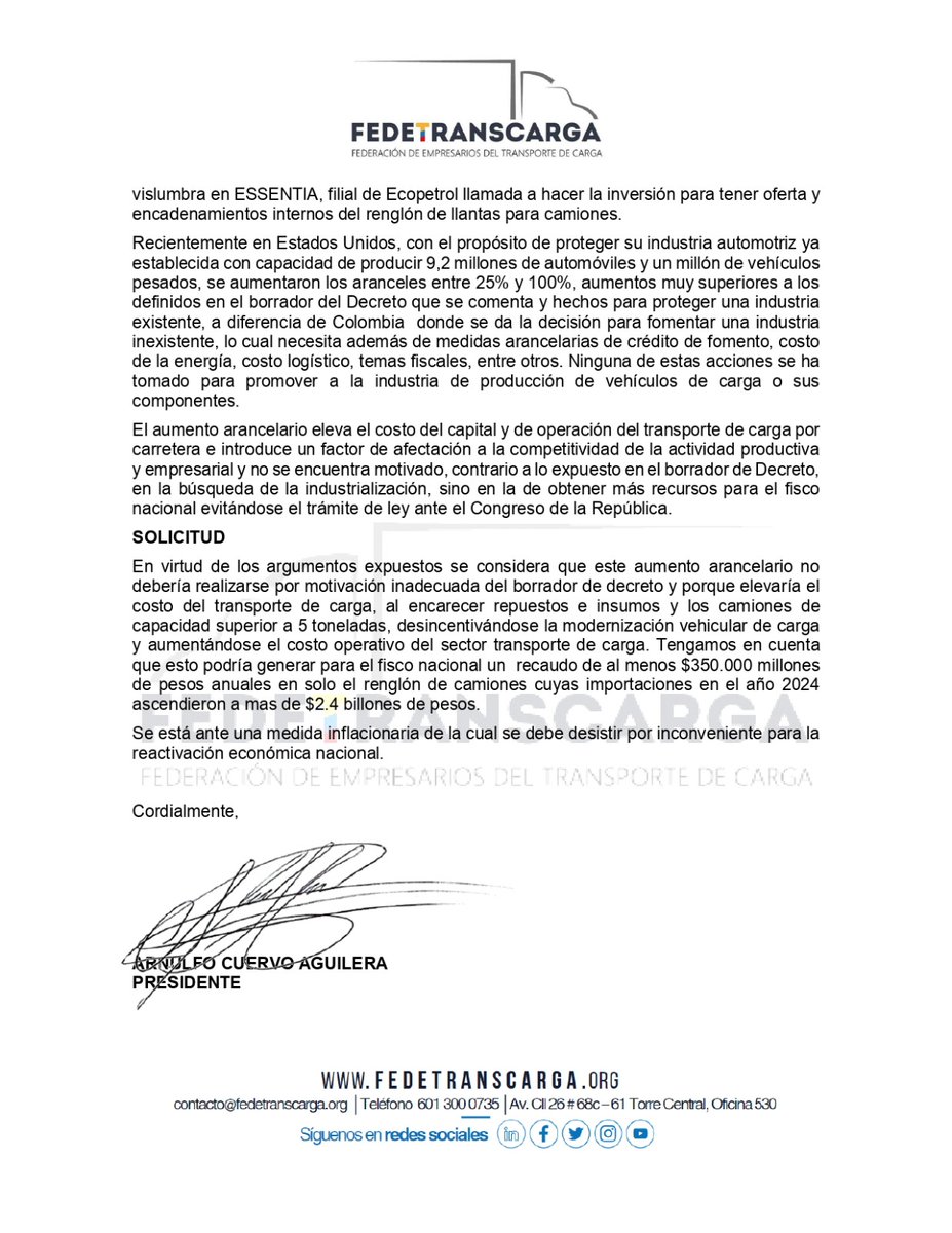 Desde #Fedetranscarga hemos enviado el día de hoy al <a href="/MincomercioCo/">MinComercio Colombia</a>, nuestros comentarios al proyecto de Decreto que modifica del artículo 1º del Decreto 1881 de 2021,  en relación al Arancel Aduanero para el sector automotor.