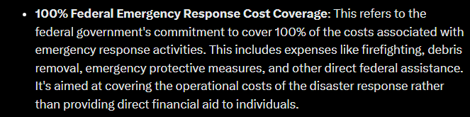 VRWCTexan's tweet image. #Clarification
$750 Pymts are FEMA's "Serious Needs Assistance" program -i.e. provides 1-time help w/essential items: food, water, medicine.

100% coverage for "emergency response activities" in California MATCHES the level of support Biden approved for Hurricane Idalia response