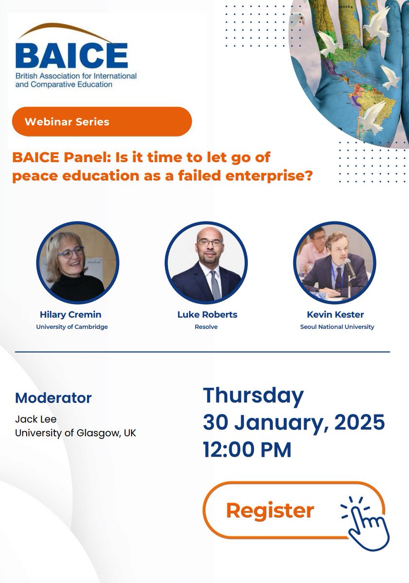 🚨🚨 Exciting Event Alert

Join us for the next BAICE webinar event: 'Is it time to let go of #PeaceEducation as a failed enterprise?' moderated by <a href="/_jacktlee/">Jack Lee</a> 

📅: Jan 30, 12 noon UK time  

✏️ Register: 

uofglasgow.zoom.us/webinar/regist…