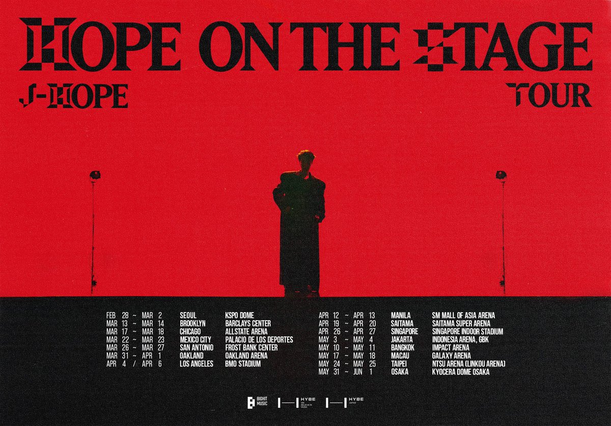 Arab_Armys_Vote's tweet photo. أعلنت وكالة HYBE عن جولة جيهوب المنفردة تحت عنوان "HOPE ON THE STAGE"، والتي ستنطلق يوم الجمعة، 28 فبراير 2025، في قبة KSPO بمدينة سول.

📌 تم تأجيل الإعلان عن مبيعات التذاكر العامة بسبب الحرائق الواسعة النطاق التي تشهدها ولاية كاليفورنيا.

مواعيد الجولة:
🔸 28 فبراير – سول - قبة KSPO
🔸 1 مارس – سول - قبة KSPO
🔸 2 مارس – سول - قبة KSPO

🔸 13 مارس – نيويورك - مركز Barclays
🔸 14 مارس – نيويورك - مركز Barclays

🔸 17 مارس – روزمونت - Allstate
🔸 18 مارس – روزمونت - Allstate

🔸 22 مارس – مدينة المكسيك - قصر Deportes
🔸 23 مارس – مدينة المكسيك - قصر Deportes

🔸 26 مارس – سان أنطونيو - مركز Frost Bank
🔸 27 مارس – سان أنطونيو - مركز Frost Bank

🔸 31 مارس – أوكلاند - Oakland Arena
🔸 1 أبريل – أوكلاند - Oakland Arena

🔸 4 أبريل – لوس أنجلوس - ملعب BMO
🔸 6 أبريل – لوس أنجلوس - ملعب BMO

🔸 12 أبريل – مانيلا - Mall of Asia Arena
🔸 13 أبريل – مانيلا - Mall of Asia Arena

🔸 19 أبريل – سايتاما - Super Arena
🔸 20 أبريل – سايتاما - Super Arena

🔸 26 أبريل – سنغافورة - Indoor Stadium
🔸 27 أبريل – سنغافورة - Indoor Stadium

🔸 3 مايو – جاكرتا - Indonesia Arena
🔸 4 مايو – جاكرتا - Indonesia Arena

🔸 10 مايو – بانكوك - Impact Arena
🔸 11 مايو – بانكوك - Impact Arena

🔸 17 مايو – ماكاو - Galaxy Arena
🔸 18 مايو – ماكاو - Galaxy Arena

🔸 24 مايو – تايبيه - NTSU Arena
🔸 25 مايو – تايبيه - NTSU Arena

🔸 31 مايو – أوساكا - قبة Kyocera
🔸 1 يونيو – أوساكا - قبة Kyocera

📌 سيتم الإعلان عن تفاصيل مبيعات التذاكر قريبًا.

HOPE ON THE STAGE
J-HOPE WORLD TOUR IS COMING #HOPE_ON_THE_STAGE_TOUR
#HOS_TOUR #제이홉 #ihope #jhope_TOUR