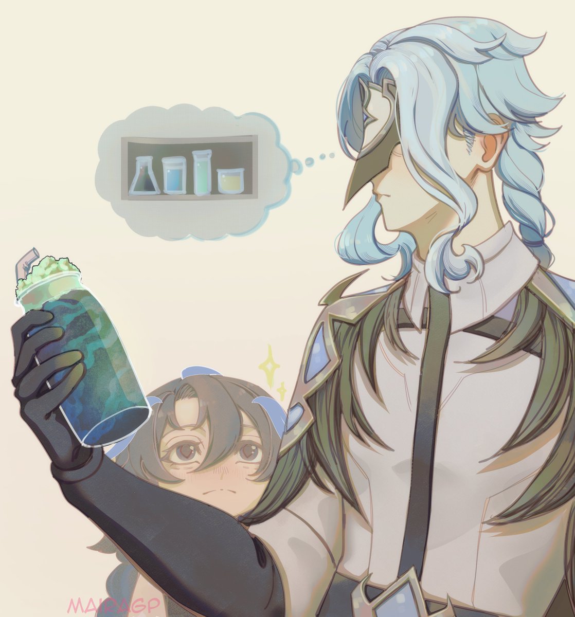 Maikyoin's tweet image. Smoothie of dubious origin, but she&apos;s staring at you so expectant #dottore #genshinoc #segmentoc