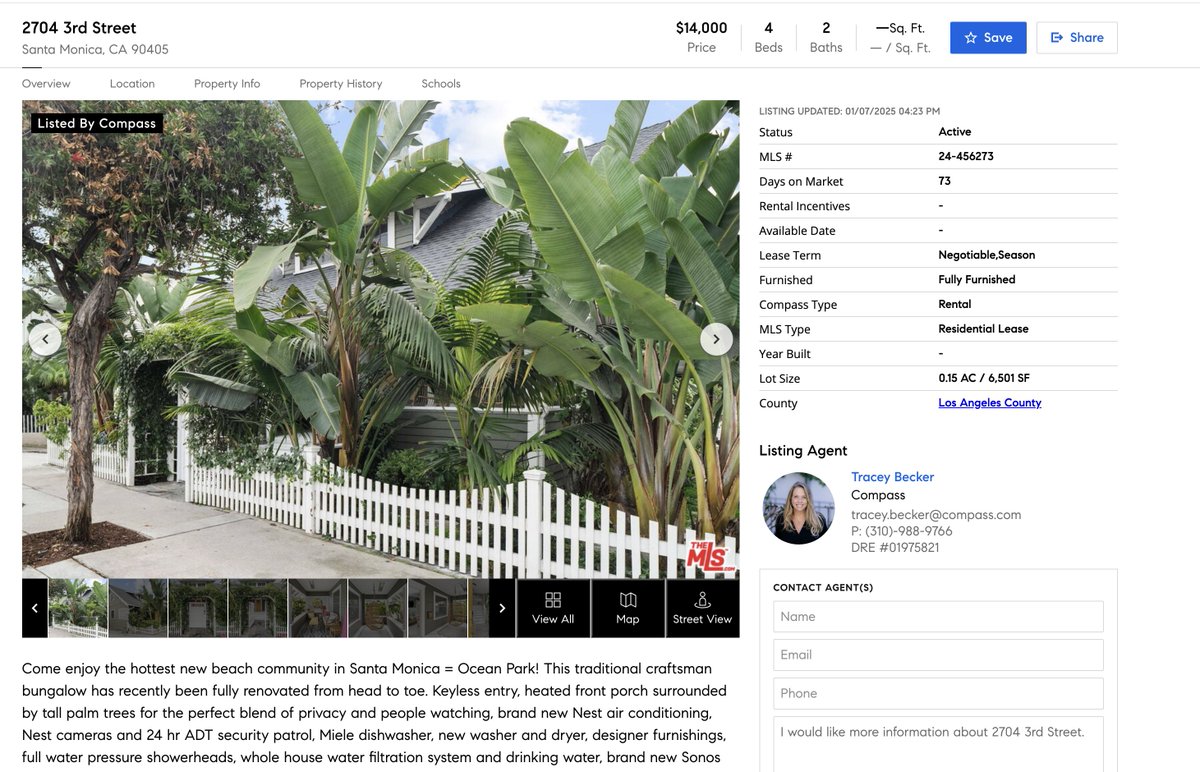 DinoTbd's tweet photo. As their hearts bleed for the #PalisadesFire  people @compass real estate thought a little price gouging might be in order. They still need to update the website to reflect the overnight 8K price increase for this charming rental. #SantaMonica https://t.co/zHHz4yIRjx
