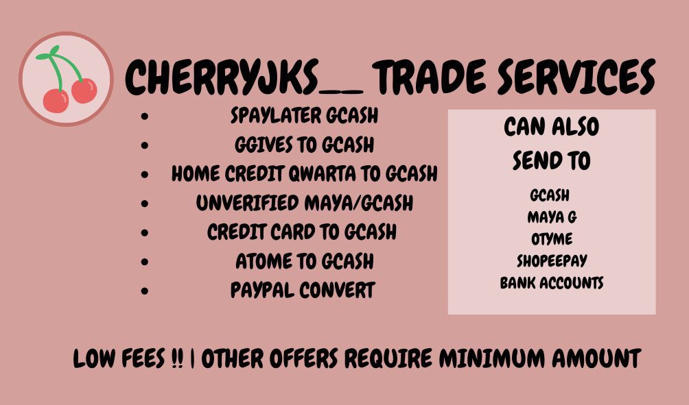 cherryjks__'s tweet photo. Hello Everyone! I'm nah, open to trading 3

- SPAYLATER GCASH 
- GGIVES TO GCASH 
- HOME CREDIT QWARTA TO GCASH 
- UNVERIFIED MAYA/GCASH 
- CREDIT CARD TO GCASH   
- ATOME TO GCASH 
- PAYPAL TO GCASH 

Min. amount req, fees applied https://t.co/BDLrYbRN3v