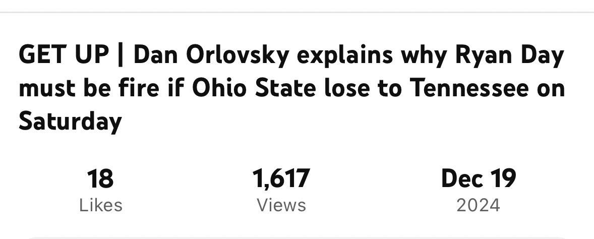 Orlovsky 3 Weeks Ago: Ohio State Must Fire Ryan Day

Orlovsky on the eve of CFP semi-finals: EVERYBODY WANTS A PIECE OF THIS LEGEND RYAN DAY! 

Hot take media is garbage.