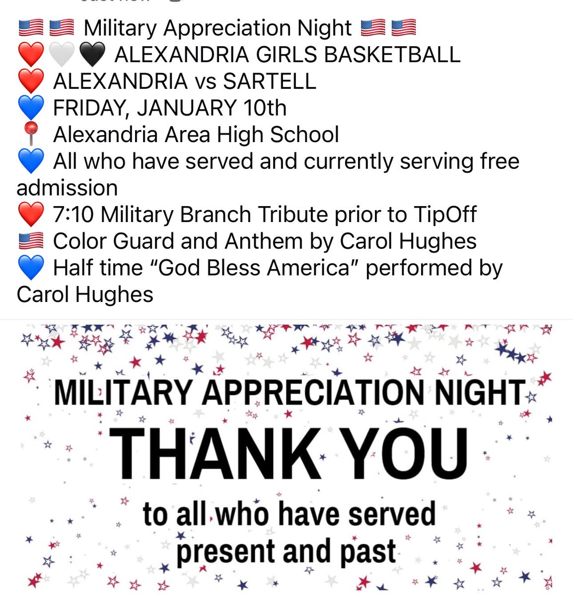 Alexandria Cardinals Military Night vs Sartell 🇺🇸❤️🤍💙