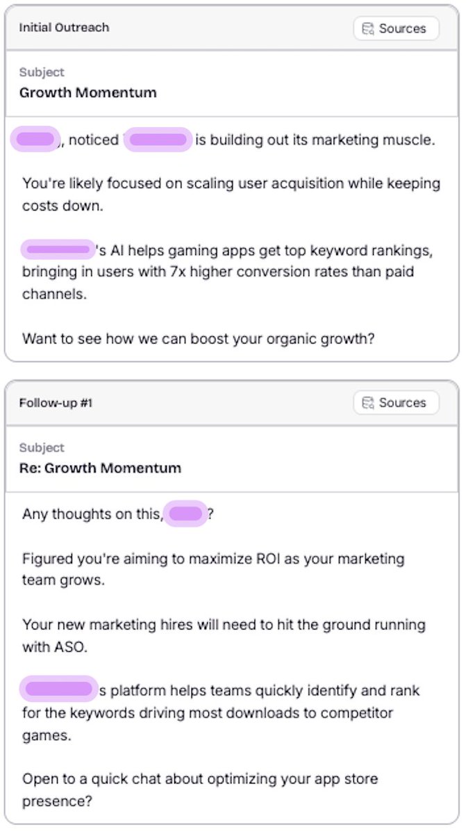 Will Allred ๐โ๏ธ (@willallred117) on Twitter photo 6 actual emails being sent by <a href="/lavenderhq/">Lavender ๐</a>'s prospecting agent.
Note: Didn't capture the 3rd, etc touches because I needed to scroll
Noticing a couple things:
1) Our ACI really likes the hiring trigger for them. It likely performs well for them, so the model favors it.
2) We 6 actual emails being sent by <a href="/lavenderhq/">Lavender ๐</a>'s prospecting agent.
Note: Didn't capture the 3rd, etc touches because I needed to scroll
Noticing a couple things:
1) Our ACI really likes the hiring trigger for them. It likely performs well for them, so the model favors it.
2) We