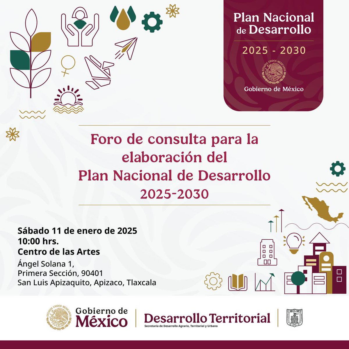 Junto al <a href="/GobTlaxcala/">Gobierno de Tlaxcala</a> estaremos recibiendo tus propuestas para la elaboración del #PlanNacionalDeDesarrollo 2025-2030. 

¡Te esperamos!

📅Sábado 11 de enero
📍Centro de las Artes 
⏰10 hrs.
📋Registro 8:30 hrs.

Consulta la convocatoria aquí 
planeandojuntos.gob.mx