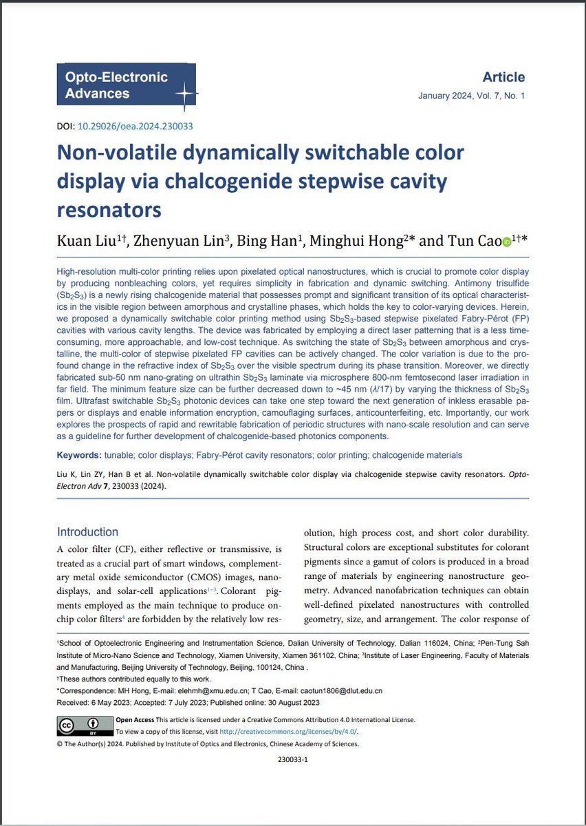 OptoElectronAdv's tweet photo. #OEA_retrospect Non-volatile dynamically switchable color display via chalcogenide stepwise cavity resonators https://t.co/k7GJc0zkoD… by Prof. #TunCao @DutOfficialand Prof. #MinghuiHong @xmuchina #ColorPrinting #FPCavityResonator #chalcogenide #Sb2S3 #flim https://t.co/FVH9xSnJyn