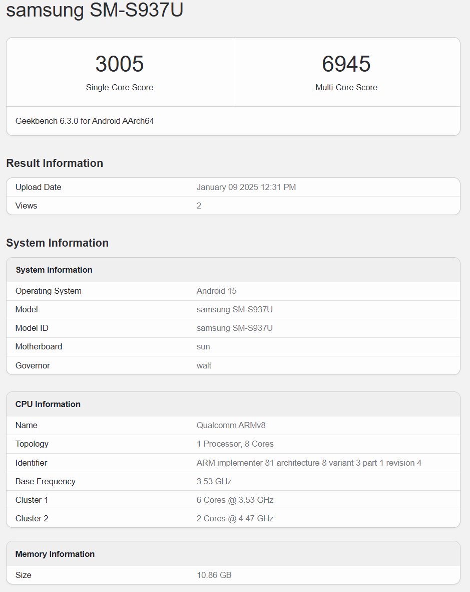 TechnoCraj's tweet photo. S25 Slim Geekbench (US Version) | Snapdragon 8 Gen 1 Elite | 12GB RAM https://t.co/e8yQZIXq1m