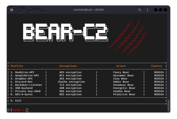 【C2框架】Bear C2 - 俄罗斯 APT 组织在模拟攻击中使用的 C2 脚本、有效载荷和管理器的汇编。Bear 采用了多种加密方法，包括 AES、XOR、DES、TLS、RC4、RSA 和 ChaCha，以确保有效载荷和操作员机器之间的通信安全。

github.com/S3N4T0R-0X0/BE…