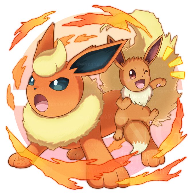 ブースター とイーブイ イーブイ「▷ブースターのほのおのうず!▷イーブイのてだすけ