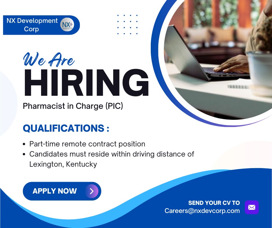 nxdevcorp's tweet image. We’re #hiring a Pharmacist in Charge (PIC). Are you a licensed pharmacist in Kentucky with expertise in compliance, cGMP, and regulatory standards? NX Development Corp is seeking a Pharmacist in Charge (PIC) for a remote, part-time contract role requiring only a few hours…