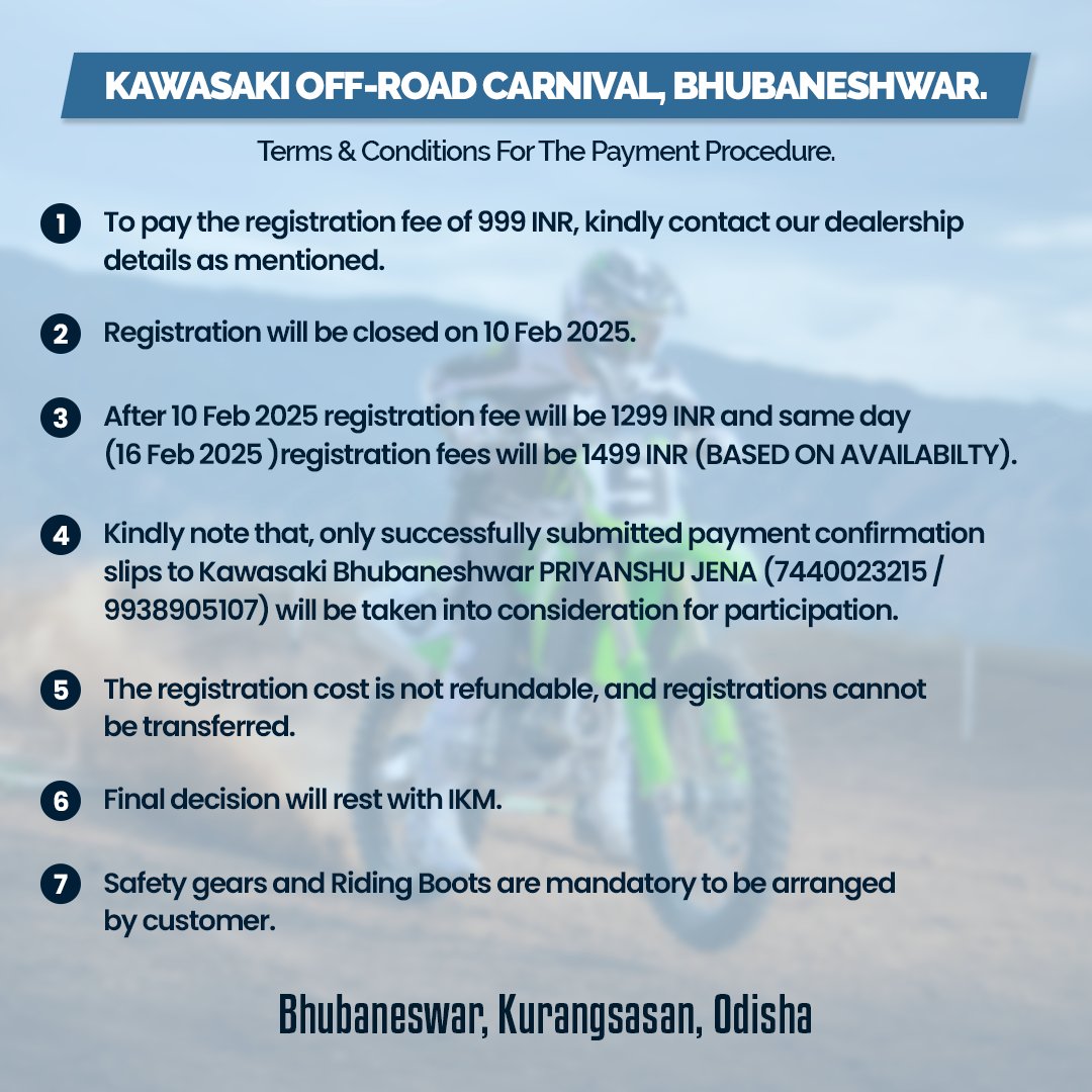 india_kawasaki's tweet photo. Attention all thrill-seekers!! Rev up your engines and mark your calendars. 
The Kawasaki Off-Road Carnival is coming to Bhubaneshwar on February 16, 2025!!
#OffRoadCarnival #BhubaneshwarAdventure #Feb16th #ThrillSeekers #OffRoadExperience #ConquerTheWild #Kawasaki #KX #KLX https://t.co/uUYnHDU9kC