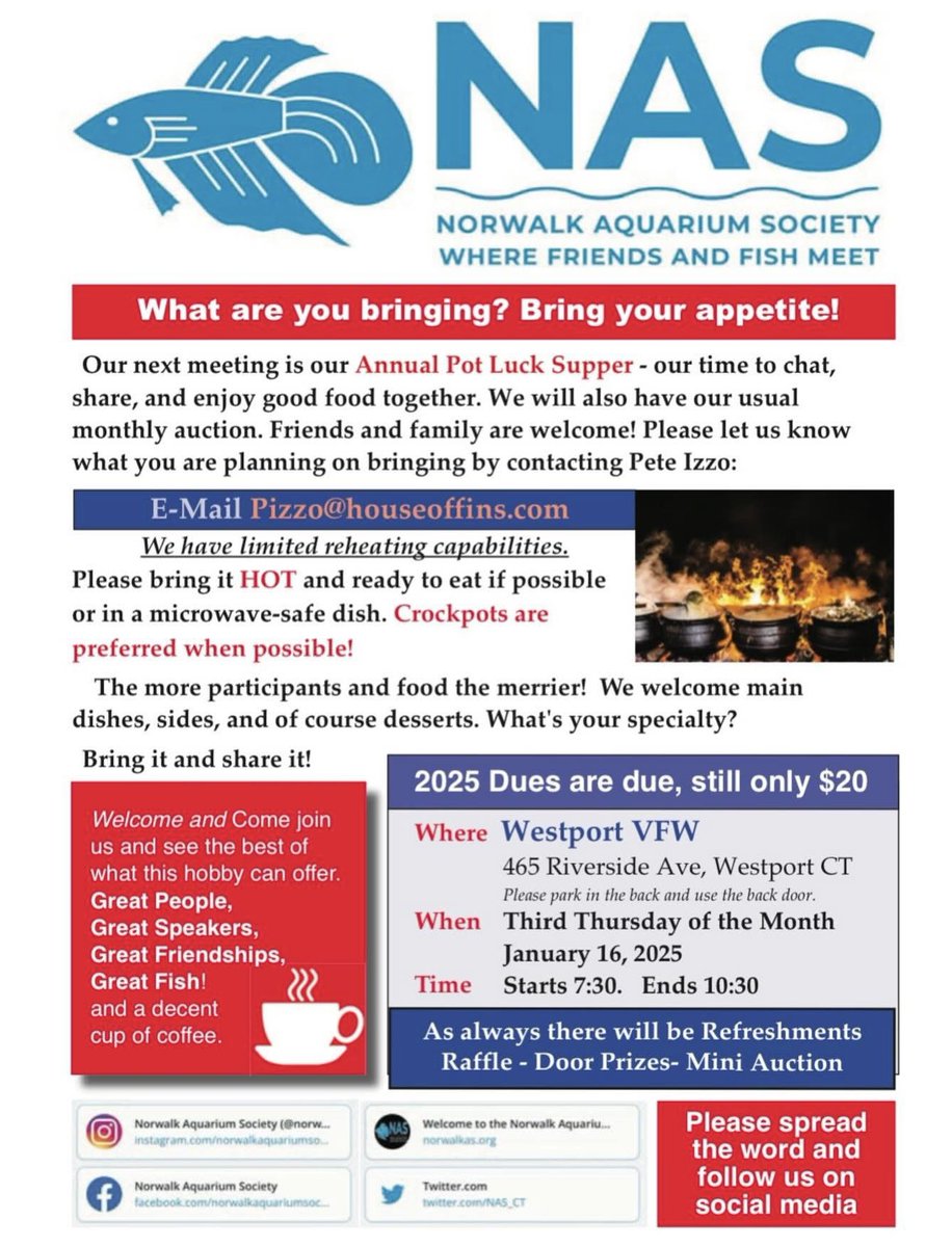 🐟🐟🐟🐟🐟🐟🐟🐟🐟🐟
#NorwalkAquariumSociety
Where Friends And Fish Meet!!
Join us on January 16, 2025 for our annual potluck supper.
Hope to see everyone there.
🐟🐟🐟🐟🐟🐟🐟🐟🐟🐟