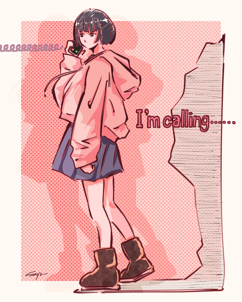 電話してる。なぜ出ない。
そんな感じの絵。