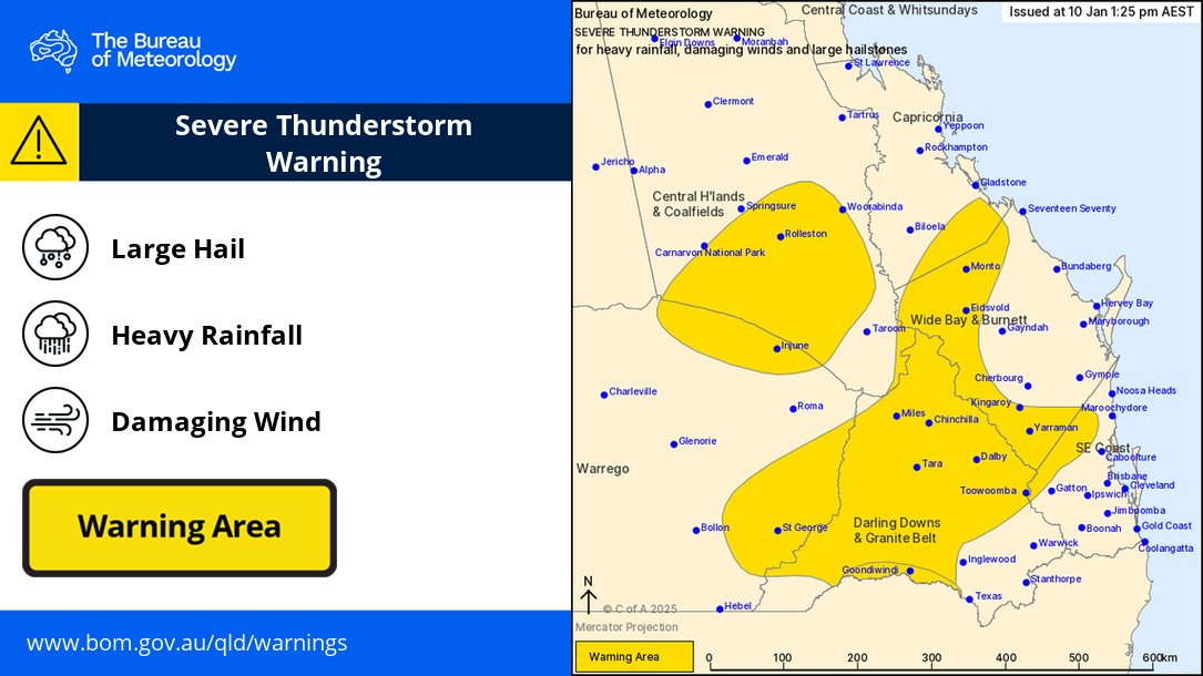 ⚠️⛈️ UPDATED Severe Thunderstorm Warning for HEAVY RAINFALL, DAMAGING WINDS and LARGE HAILSTONES

Darling Downs and Granite Belt and parts of Central Highlands and Coalfields, Capricornia, Wide Bay and Burnett, Maranoa and Warrego and Southeast Coast.

bom.gov.au/products/IDQ21…