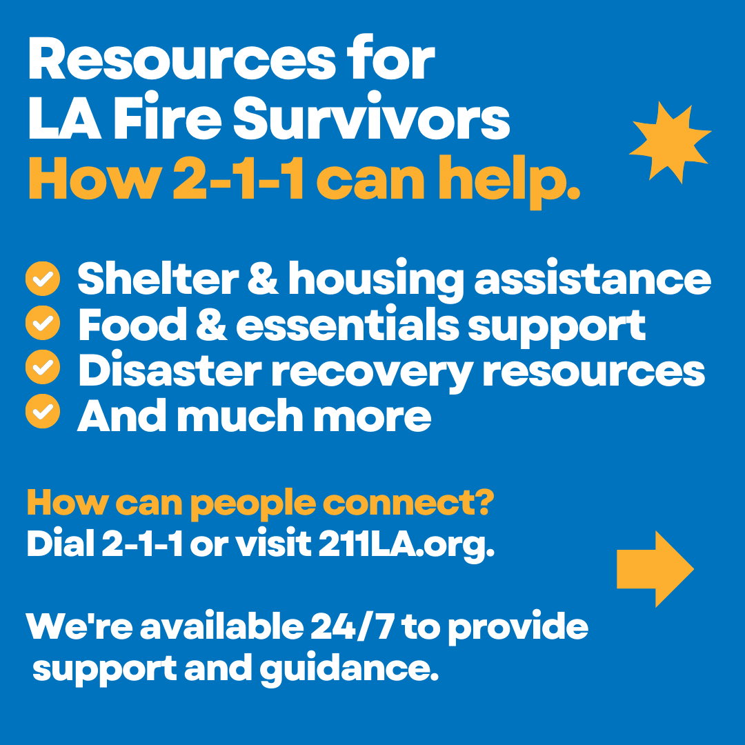 211LACounty's tweet photo. In the wake of recent fires, 2-1-1 LA is here to help with emergency shelter, food, and recovery assistance. 💙 Share this message or donate to support those in need: https://t.co/ZIRwhxXhHU. Together, we rebuild. 📷 #LAFires #LAStrong #211LA #LAWildFires https://t.co/ZTBb35ozuD