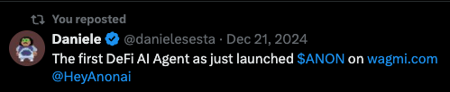 The 🚀 DeFi AI Agent as just 🖨️ $ANON 💵 on wagmi.com <a href="/HeyAnonai/">Hey Anon</a>