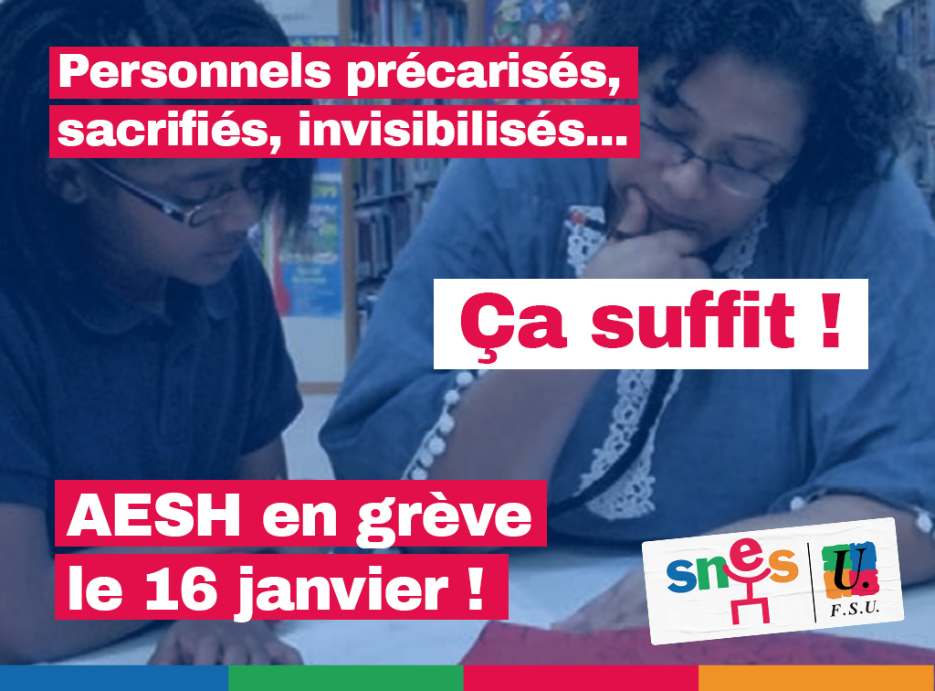 #AESH en grève le 16 janvier !
Nous exigeons :
➡️Création d’un corps de fonctionnaire cat B
➡️Augmentation significative des salaires
➡️Temps complet pour un accompagnement élève de 24h
➡️Abandon des PIAL, PAS et de la politique de mutualisation des moyens
snes.edu/agissons/campa…