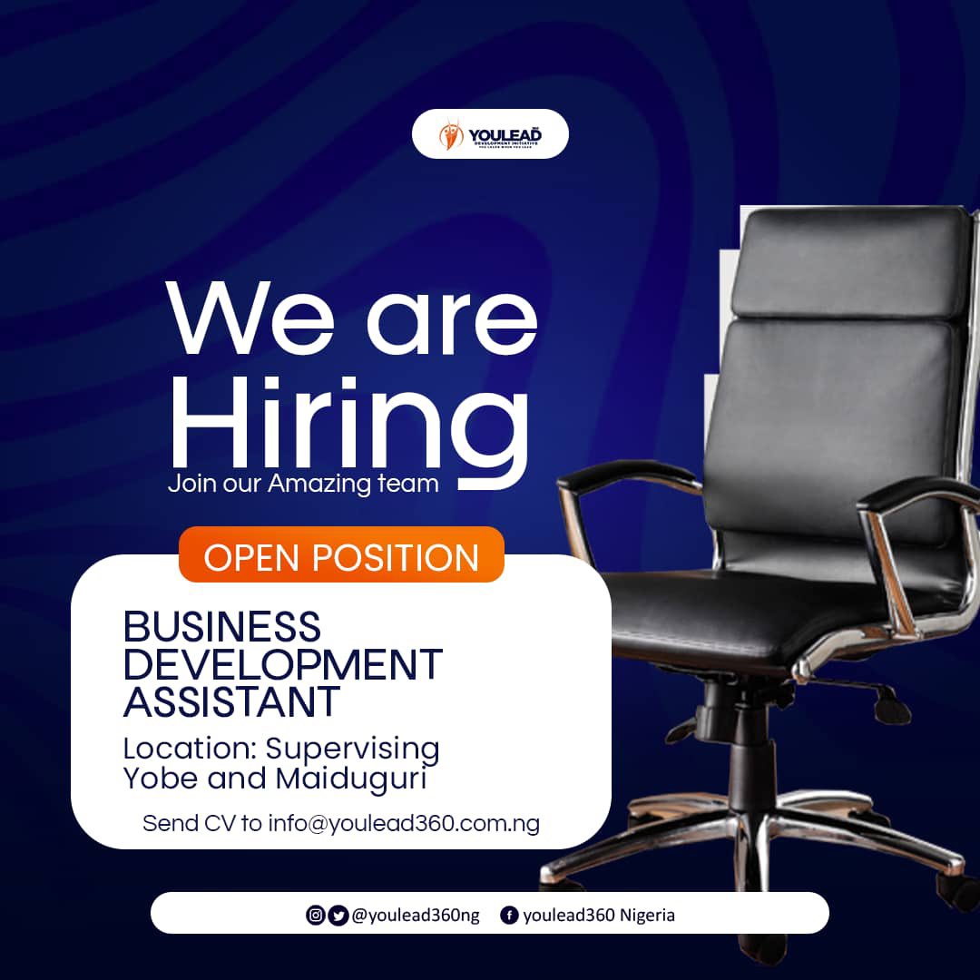 JOB OPPORTUNITY ALERT!

YOULEAD360 Development Initiative Nigeria is hiring! We seek a passionate and qualified Business Development Assistant to join our team and supervise business activities in Yobe and Maiduguri.