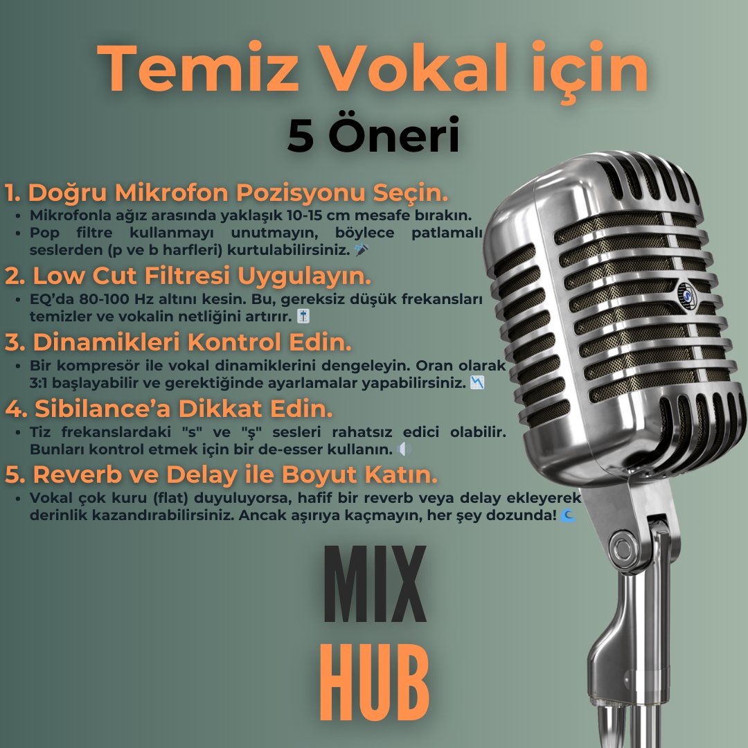 🎤 Temiz ve Profesyonel Vokaller İçin 5 İpucu!
Mikrofon pozisyonundan reverb kullanımına kadar vokal mix’inizi geliştirecek öneriler burada!
📌 Daha fazlası için Instagram’da bizi takip edin: <a href="/mixhub_tr/">Mixhub</a>

#MüzikProdüksiyon #MixingTips #VokalMix #ProducerLife