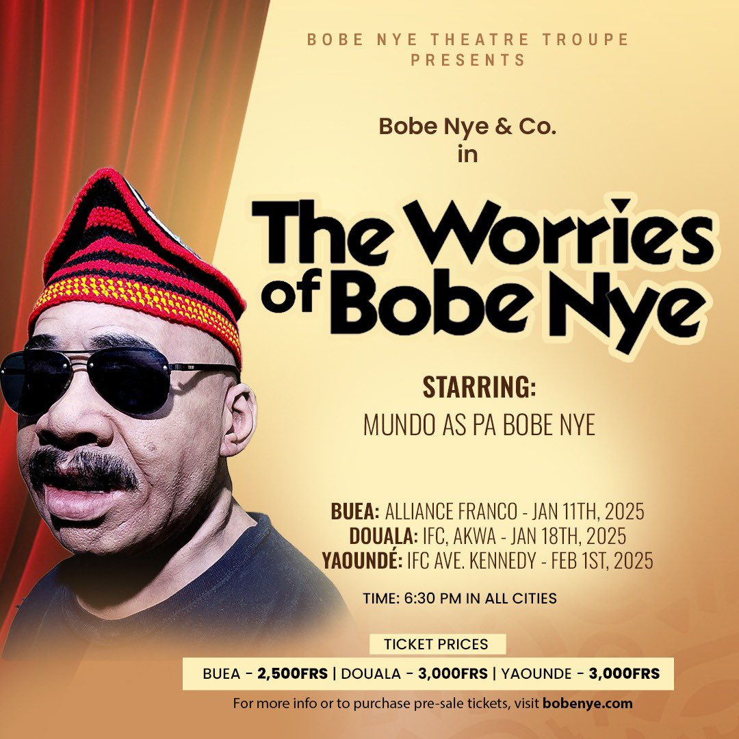 valazat's tweet image. My Buea pipo. “The Worries of Bobe Nye” d come wuna Kwata tomorrow oh! Make man no shidon for house miss am. All tori na for pidgin. 

I’m offering 1 Free ticket; If you’re in Buea and will like to attend this play tomorrow, Like, Retweet and indicate in the comments section.