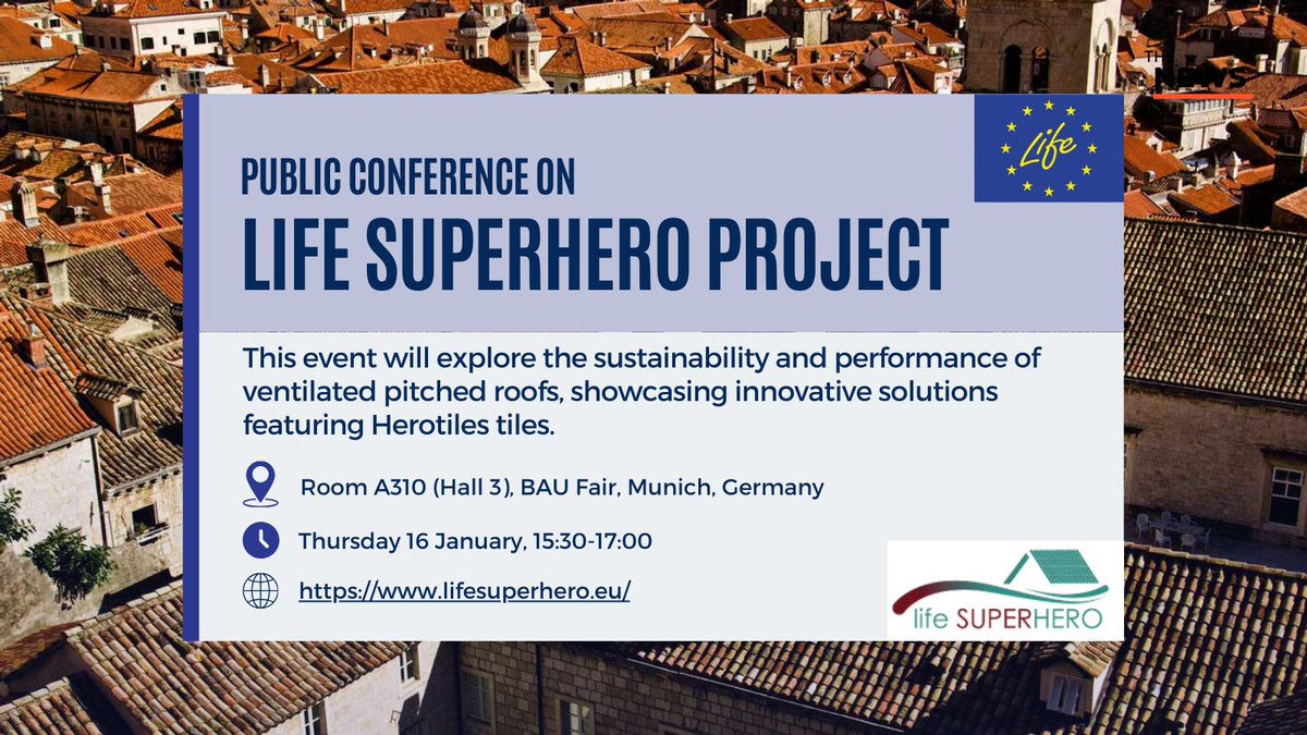 🏗️ Join us to discuss innovations in ventilated pitched roofs &amp; sustainable construction during the
industrial workshop of LIFE SuperHero project at BAU Fair in Munich on Jan 16, 2025, 15:30-17:00! 🌍 #LIFESuperHero #BAU2025 #Roofing #Sustainability