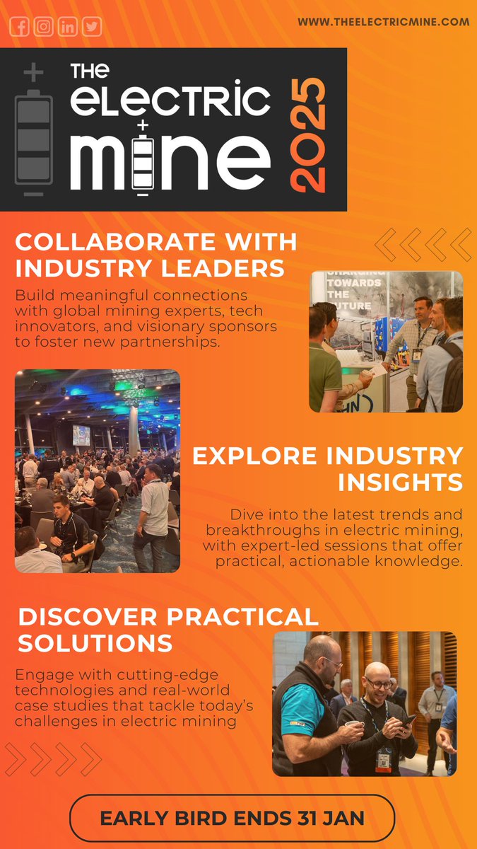 theelectricmine's tweet photo. Planning to attend #TEM25? Register by 31 January for our Early Bird Offer - save big!
-Hear from industry experts
-Explore cutting-edge tech
-Network with mining leaders
Join us in Santiago, Chile, 13-15 May!
👉 https://t.co/8eqs84LnMF
#ElectricMine25 #EarlyBird https://t.co/GnsTv6Y3ix