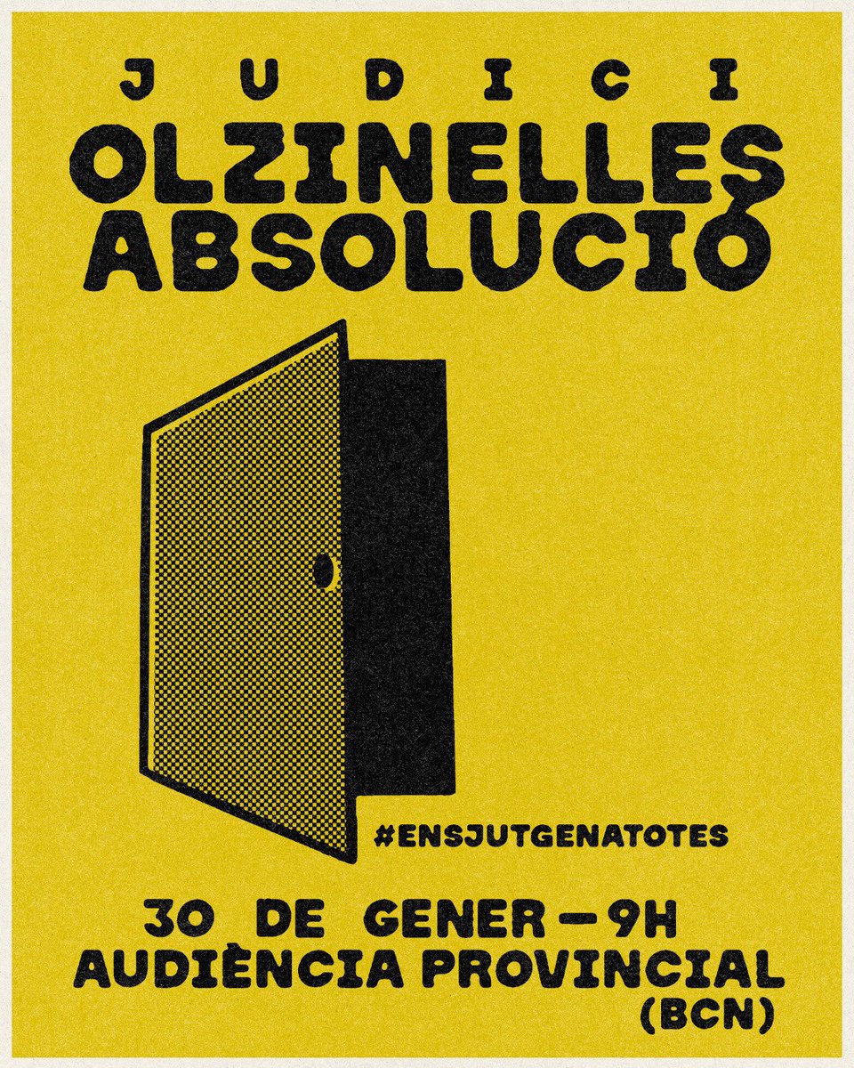 ⚠️ TORNEM A JUDICI ⚠️

Per quart cop ens demanen 12 anys de presó per organitzar-nos al moviment per l'habitatge. 

Convoquem concentració solidària fins que surtin els encausats:

📅 Dijous 30 de gener 
🕒 9h
📍 Audiència Provincial

#EnsJutgenATotes
#OlzinellesAbsolució