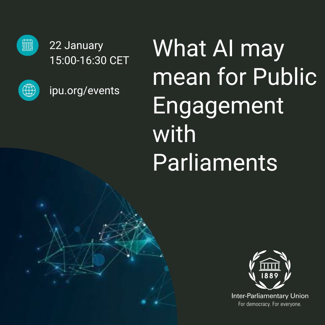 IPUparliament (@ipuparliament) on Twitter photo How can #artificialintelligence enhance public engagement?
#IPU/ <a href="/IpenNetwork/">@IPEN_Network</a>'s "In Conversation" webinar will identify opportunities for #parliaments to harness #AI for outreach and public engagement opportunities.
📅 22 January
✏️Register today
➡️ipu.org/event/what-ai-… How can #artificialintelligence enhance public engagement?
#IPU/ <a href="/IpenNetwork/">@IPEN_Network</a>'s "In Conversation" webinar will identify opportunities for #parliaments to harness #AI for outreach and public engagement opportunities.
📅 22 January
✏️Register today
➡️ipu.org/event/what-ai-…