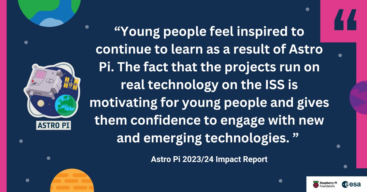 CodeClub's tweet image. There&apos;s still time to join the #AstroPi challenge! Learn more about the experiences of past participants and it&apos;s impact 👉 rpf.io/blog-astro-pi-…

Deadlines for program submissions ⏰
Mission Space Lab - 24 February, 09:00 CET
Mission Zero - 24 March, 09:00 CET