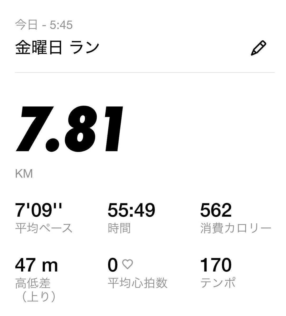 本日ラン🏃‍♂️

最初の1キロ抑えて走るとペースがグングン上がった！ちょっとコツ掴んで来たぜ😎