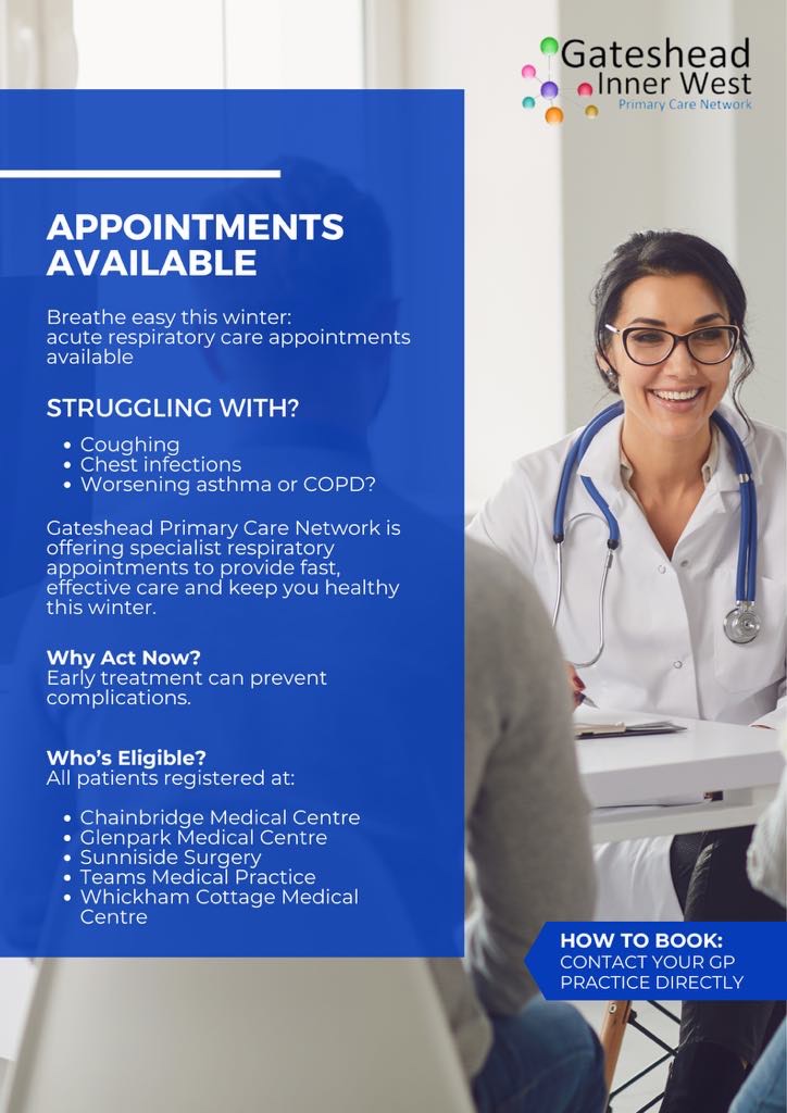 Gateshead Inner West Primary Care Network (@giw_pcn) on Twitter photo We are trying to help those with Winter Respiratory problems by hosting additional clinics at our practices. Contact your GP directly. <a href="/WhickhamGPs/">The Whickham Practice</a> <a href="/GlenparkSurgery/">Glenpark Surgery</a> <a href="/PracticeTeams/">Teams Medical Practice</a> <a href="/sunnisidedocs/">Sunniside Surgery</a> gatesheadinnerwestpcn.co.uk/2024/12/20/acu… We are trying to help those with Winter Respiratory problems by hosting additional clinics at our practices. Contact your GP directly. <a href="/WhickhamGPs/">The Whickham Practice</a> <a href="/GlenparkSurgery/">Glenpark Surgery</a> <a href="/PracticeTeams/">Teams Medical Practice</a> <a href="/sunnisidedocs/">Sunniside Surgery</a> gatesheadinnerwestpcn.co.uk/2024/12/20/acu…