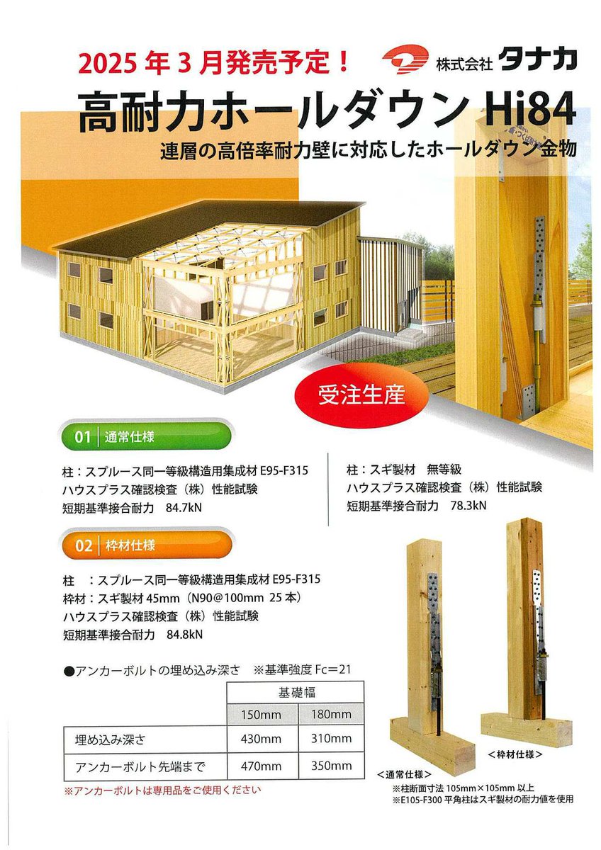 お知らせ：タナカ】 金物：高耐力ホールダウンHi84、Hi143 2025年3月に