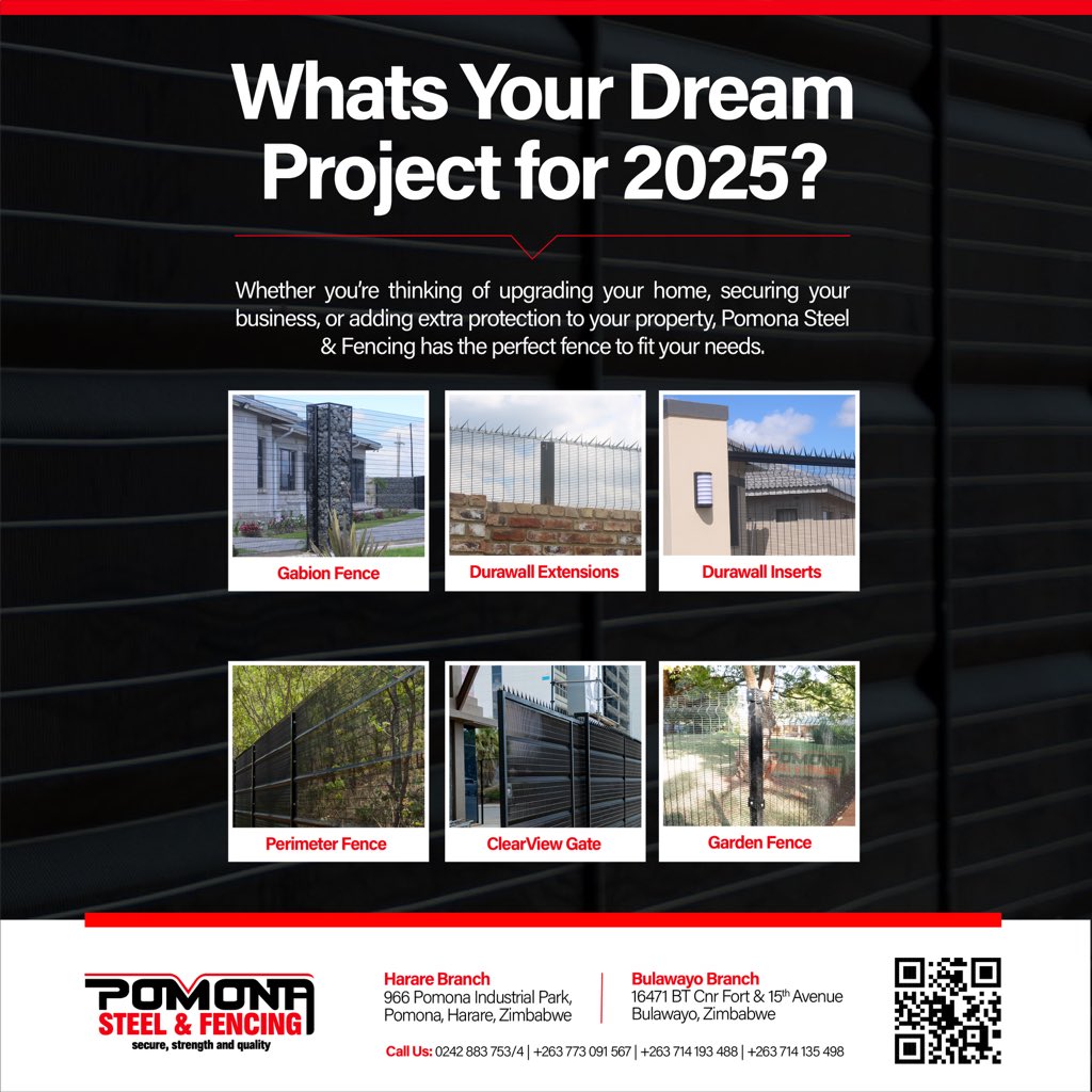 pomonasteel's tweet image. Whats Your Dream Project for 2025?
Whether you’re thinking of upgrading your home, securing your business, or adding extra protection to your property, Pomona Steel &amp;amp; Fencing has the perfect fence to fit your needs.

🌐 pomonasteel.co.zw

#ClearViewFence #PomonaSteel #New