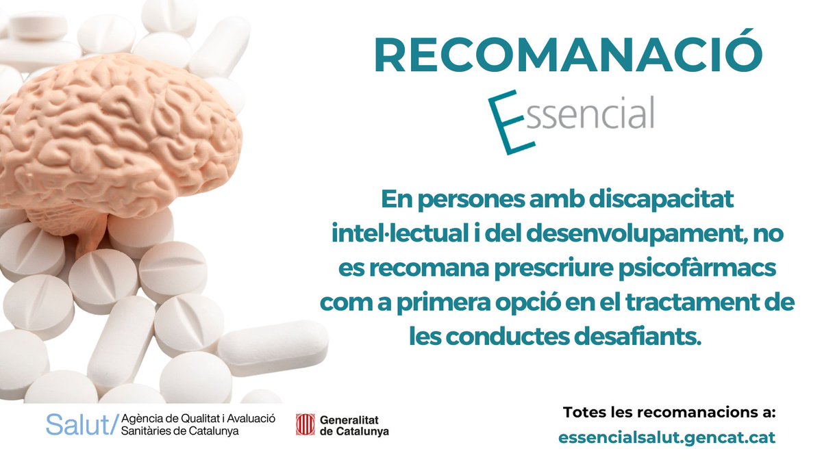 🆕L'ús de psicofàrmacs és sovint innecessari en la majoria de persones amb discapacitat intel·lectual i del desenvolupament que presenten conductes desafiants.

Consulta la recomanació #EssencialSalut:

essencialsalut.gencat.cat/ca/detalls/Art…
