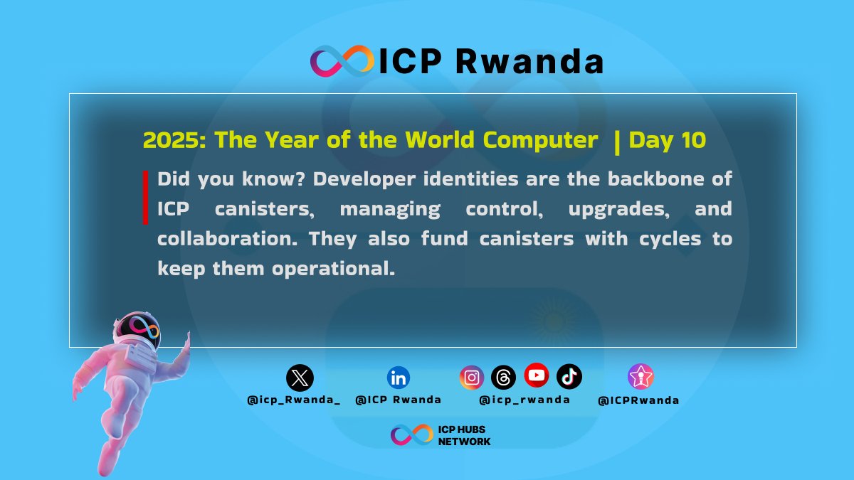 What are developer identities used for in #ICP?

🔹 𝗠𝗮𝗻𝗮𝗴𝗲 𝗰𝗮𝗻𝗶𝘀𝘁𝗲𝗿𝘀: Start, stop, upgrade, &amp; configure.
🔹 𝗖𝗼𝗹𝗹𝗮𝗯𝗼𝗿𝗮𝘁𝗲: Add other controllers for teamwork.
🔹 𝗙𝘂𝗻𝗱 𝗰𝗮𝗻𝗶𝘀𝘁𝗲𝗿𝘀: Mint &amp; transfer cycles to power resources.

Essential tools for