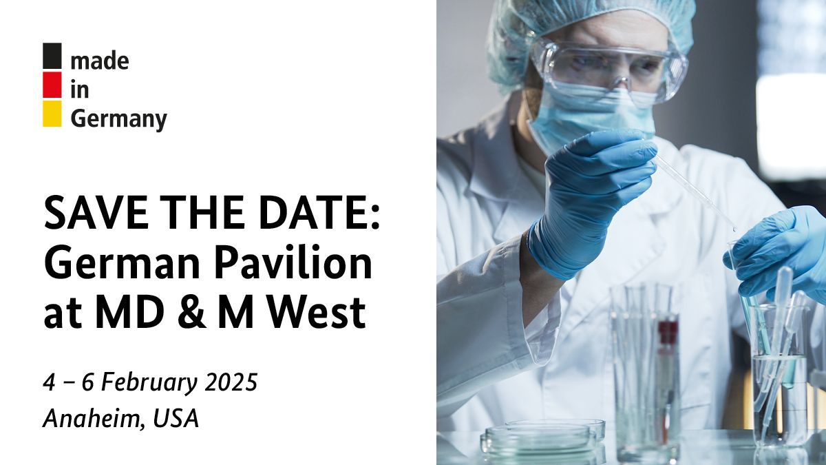 german_pavilion's tweet photo. Welcome to the German Pavilion at MD &amp; M West 2025, 4 – 6 February 2025.
 
The German Pavilion at MD &amp; M West 2025 is part of the Foreign Trade Fair Programme of @bmwk.

More information: https://t.co/S974UNswQ7

#BMWK #AUMA #MESSENÜRNBERG #VDMA #MEDICALENGINEERING https://t.co/Vg46C4Bj34