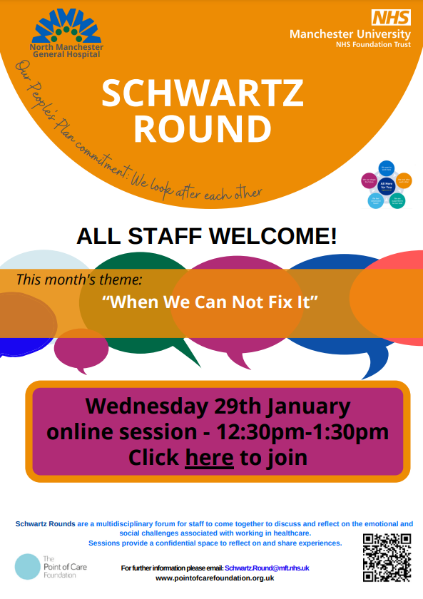 North Manchester General Hospital (@northmcrgh_nhs) on Twitter photo 📢Colleagues at NMGH: Join us this afternoon for our Schwartz Round - Wednesday 29th January at 12.30pm online via MS Teams. See weekly site update for link to join. We look forward to seeing you there. #allstaffwelcome #teamNMGH <a href="/PointofCareFdn/">The Point of Care Foundation</a> @MFTNHS 📢Colleagues at NMGH: Join us this afternoon for our Schwartz Round - Wednesday 29th January at 12.30pm online via MS Teams. See weekly site update for link to join. We look forward to seeing you there. #allstaffwelcome #teamNMGH <a href="/PointofCareFdn/">The Point of Care Foundation</a> @MFTNHS
