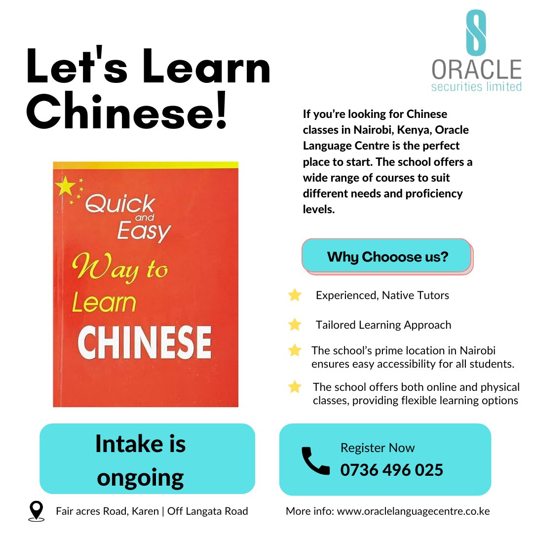 OracleLanguage's tweet image. Chinese Language Classes in Nairobi
At Oracle Language Centre! We offer a wide range of Chinese courses designed to meet the needs of every learner.
Enroll Today:
Call: 0736 496 025
Website: oraclelanguagecentre.co.ke/chinese-langua…
#learnchinese #MandarinClasses #businesschinese #nairobi